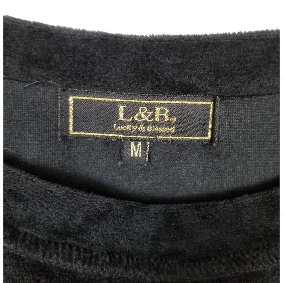 LUCKY & BLESSED Black Velvet Top w/ Puff Shoulders & Long Sleeves - M - Picture 5 of 6